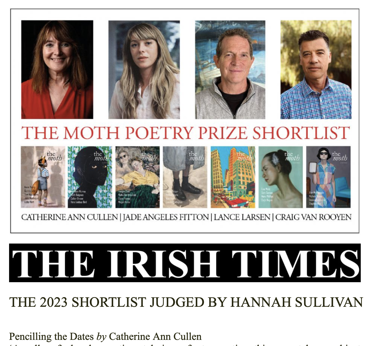 Excited for our HI Resident Scholar Dr Catherine Ann Cullen being shortlisted for the Moth Poetry Prize 2023! Congratulations to Catherine Ann! | Click below for further details and link to her poem\n